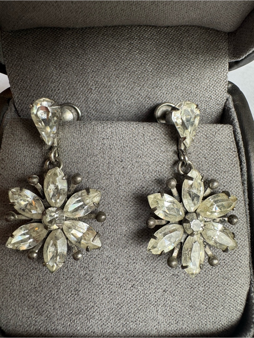 Vintage Sterling Silver Rhinestone Flower Screw Back Earrings -Hollywood Regency